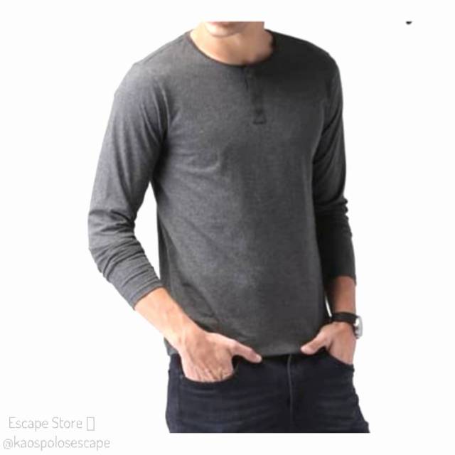 Kaos Henley Kancing Polos LENGAN PANJANG - ABU TUA