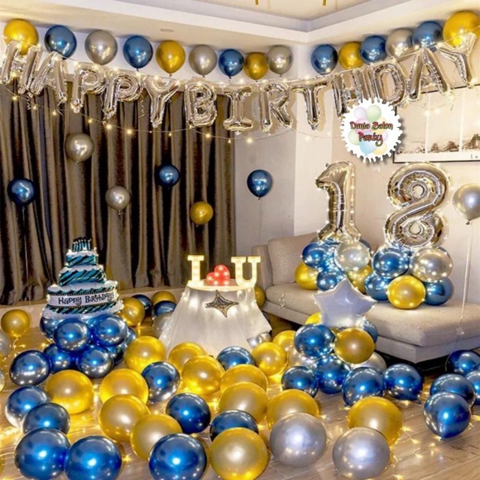 Paket Dekorasi Balon Ulang Tahun / Set Balon Silver Gold Biru Cake