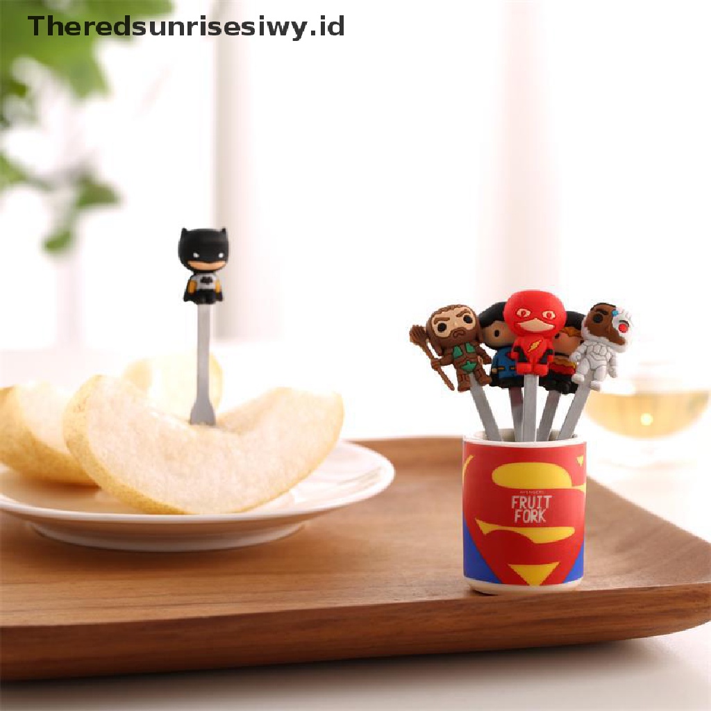 # Alat Rumah Tangga # 6pcs / Set Garpu Buah Desain Kartun Hero Bahan Stainless Steel Dengan Holder