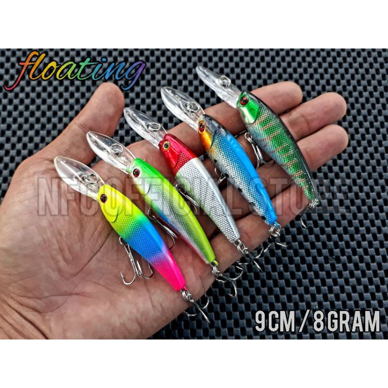 Lure minnow lidah panjang Floating Wobblers 9 cm / 8 gram BEST DESIGN dengan warna KILLER replika sotelo relix nusantara astuti