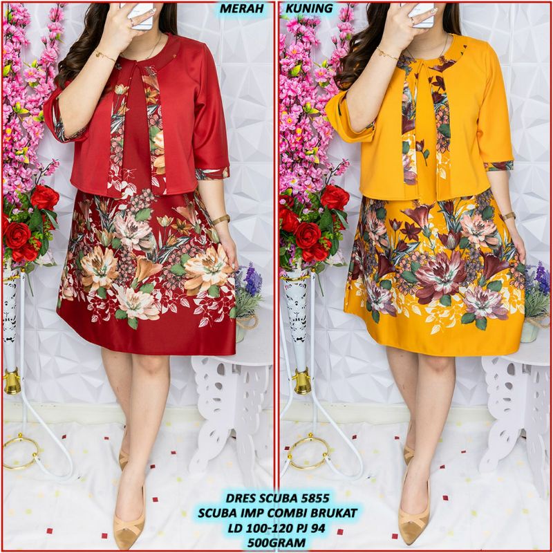 Jumbo!!dress scuba wanita 5855/dress natal/dress gereja premium/dress wanita bunga