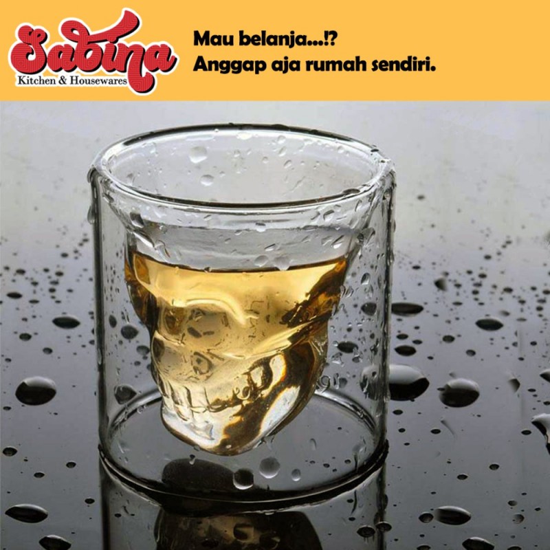 Gelas Mug Cangkir Wine Whiskey Double Wall Glass Scull Tengkotak 150ml