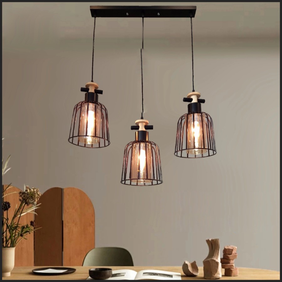 Lampu hias gantung MINIMALIS MODERN INDUSTRIAL vintage retro BESI WARNA HITAM ORNAMENT KAYU GELAS WA