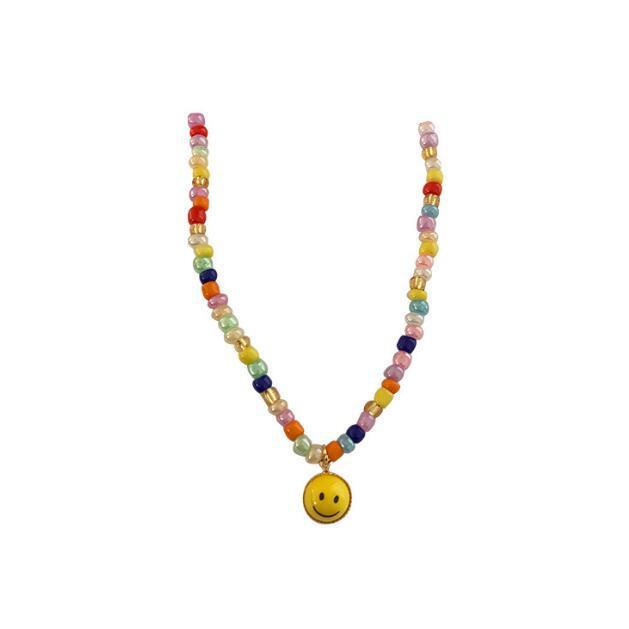 Kalung Rantai Klavikula Hias Manik-Manik Smiley Warna-Warni Untuk Aksesoris