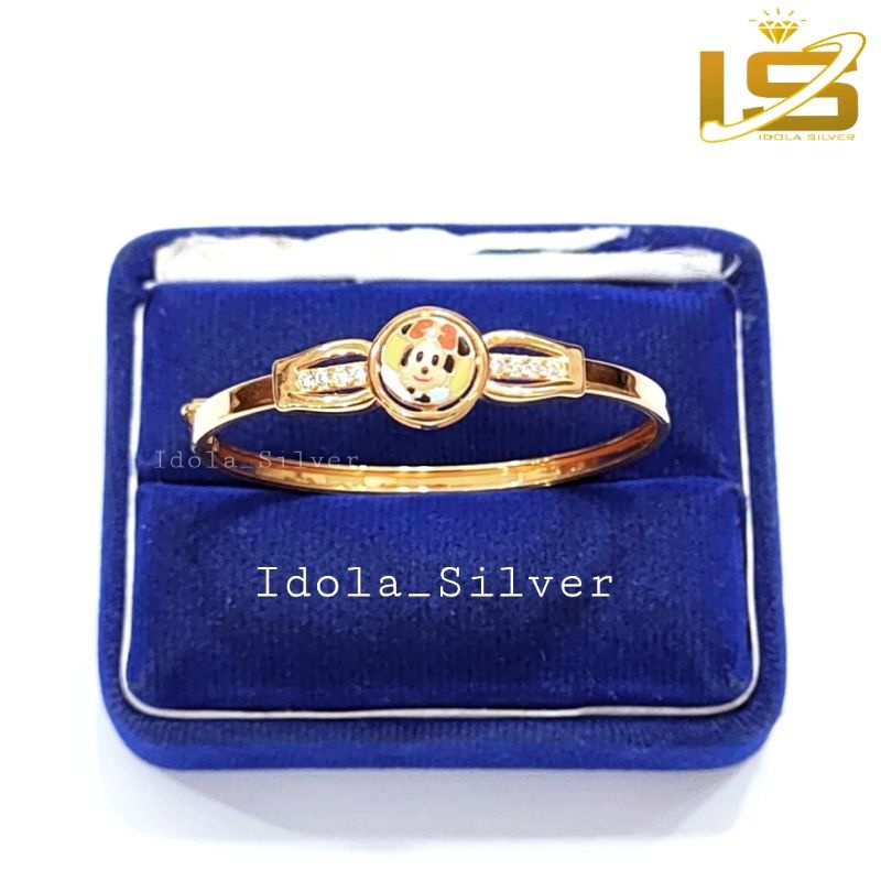 GELANG ANAK PERAK ASLI SILVER WANITA 925 LAPIS EMAS MODEL BANGLE BULAT MICKEY KRAMIK WARNA - PERHIASAN PERAK ANAK ASLI