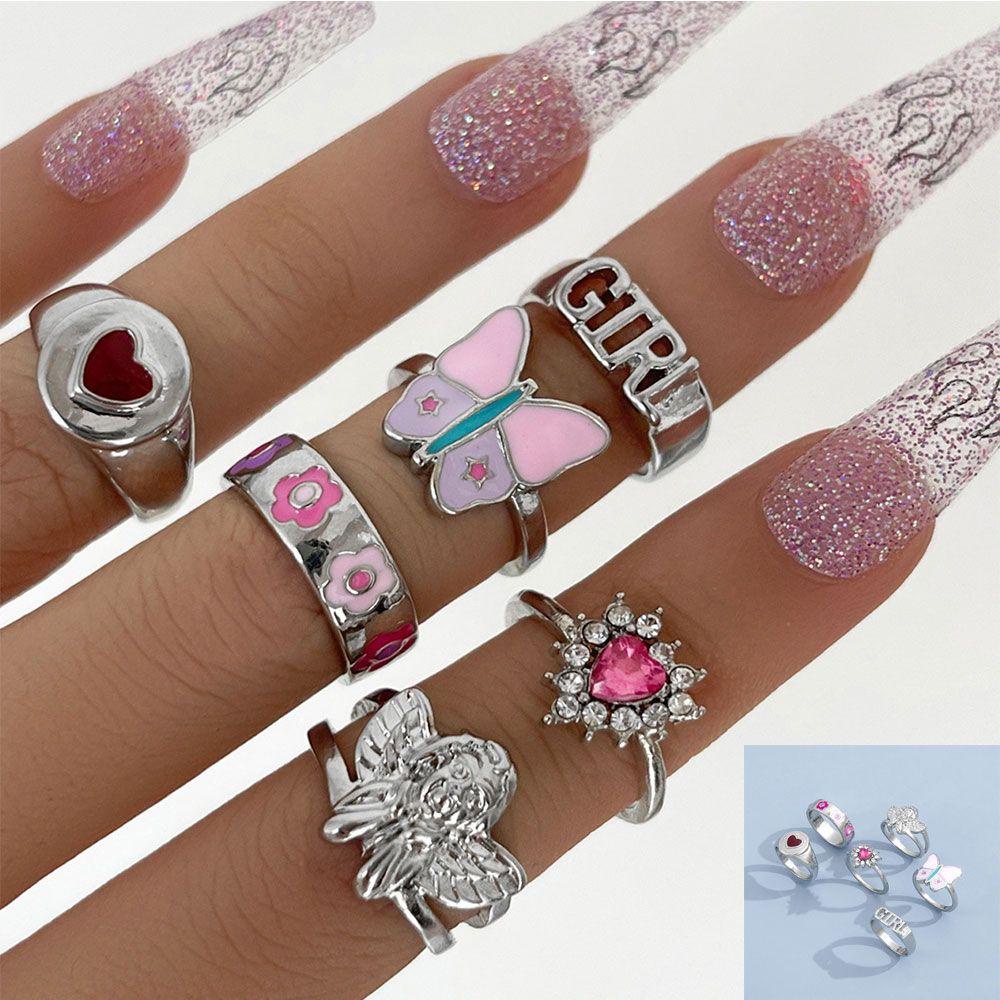 R-flower 6pcs/Set Cincin Wanita Angel Jewelry Pink