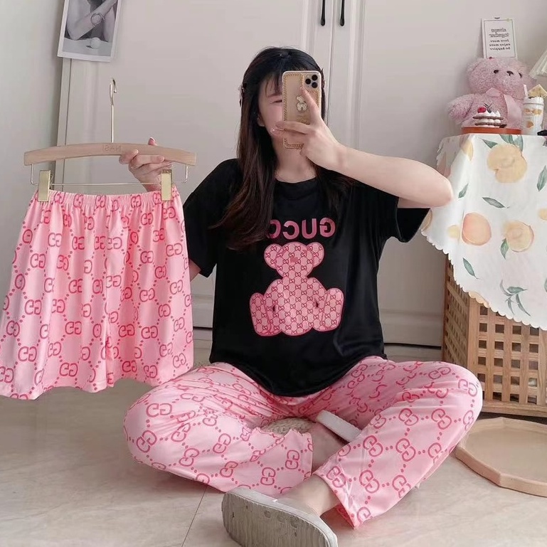 Baaju.id Baju Tidur 3in1 Piyama Import Wanita Baju Rumah 1 Set Lengan Pendek Celana Pendek &amp; Panjang