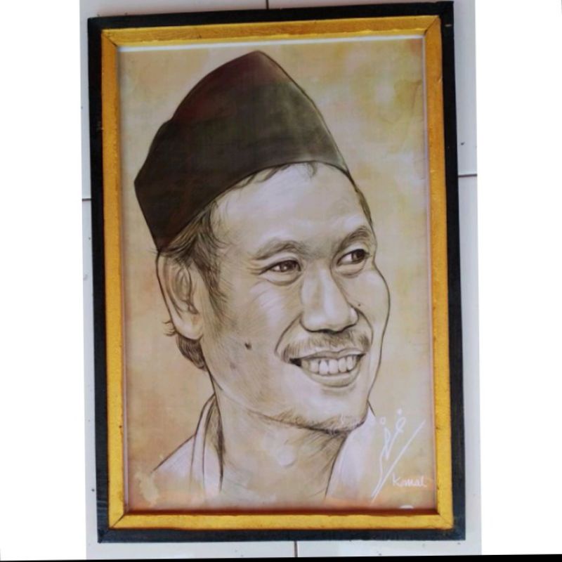 lukisan cetak Gus Baha plus bingkai uk 55x35