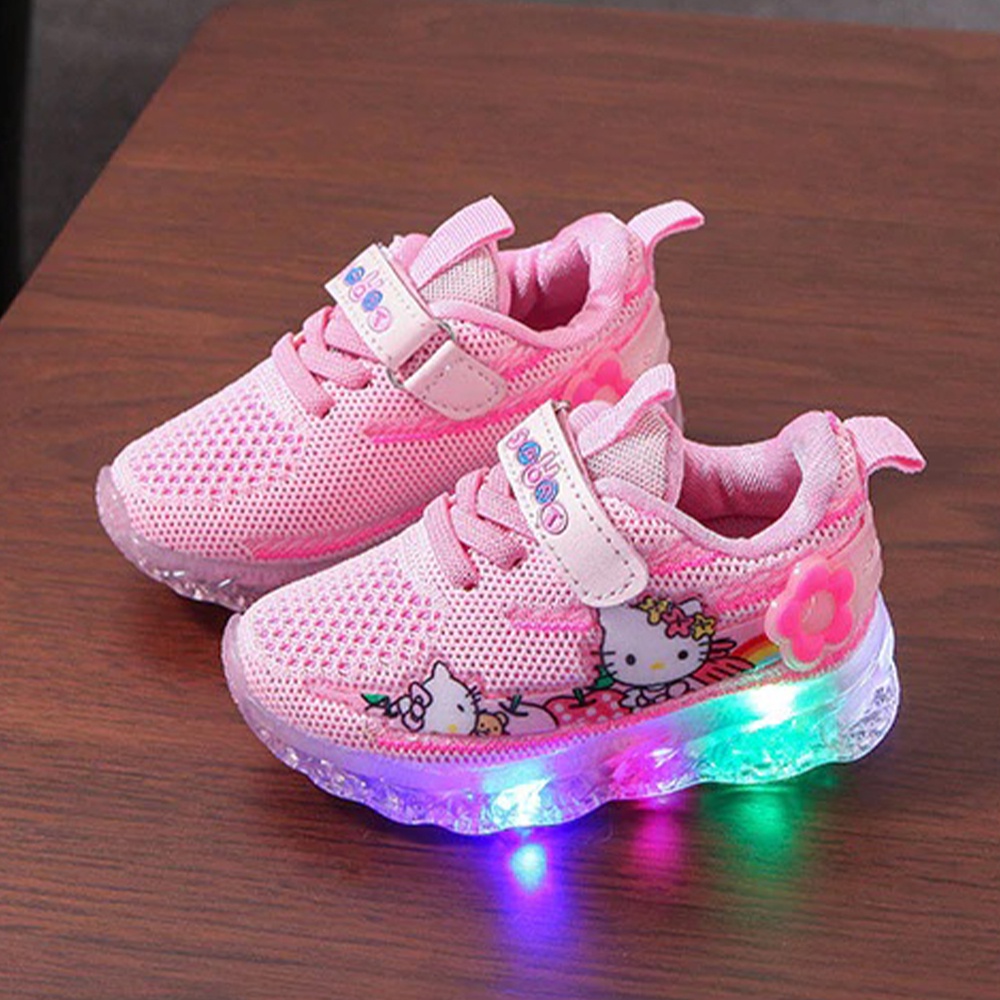 Sepatu Sneakers Anak LED Perempuan Motif Hello Kity Lucu Import