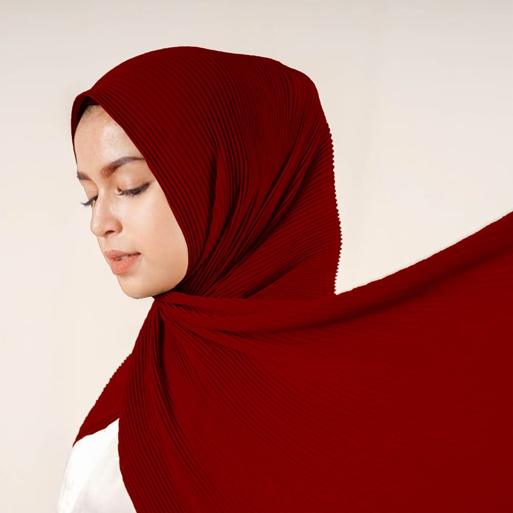 Hijab Pashmina Ceruty Baby Doll Full Plisket Lidi 180x80cm // Hijab Pashmina Shawl // Pashmina Murah-Maroon