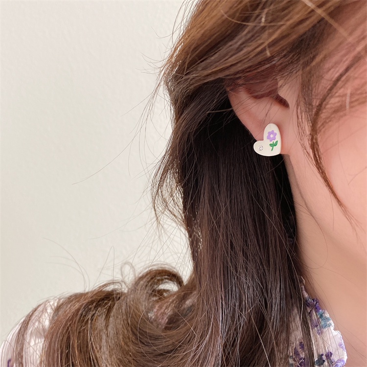Anting Stud S925 Silver Bentuk Hati Bunga Tulip Warna Gradasi Pink Untuk Wanita