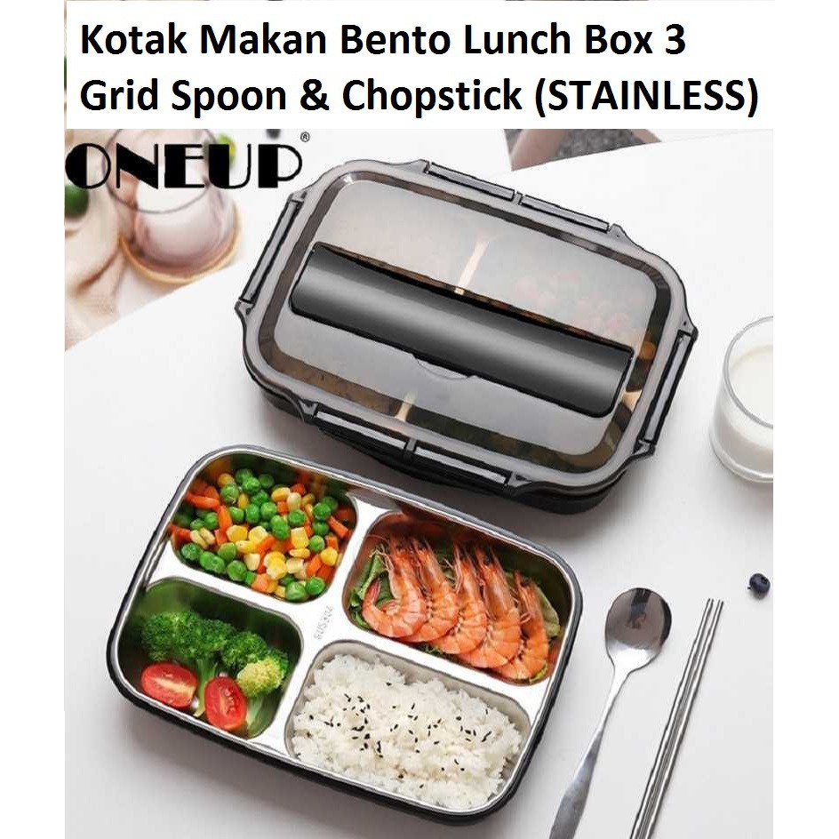 LUNCH BOX Kotak Makan Bento Lunch Box 3 Grid Spoon &amp; Chopstick - OU1000 - STAINLESS