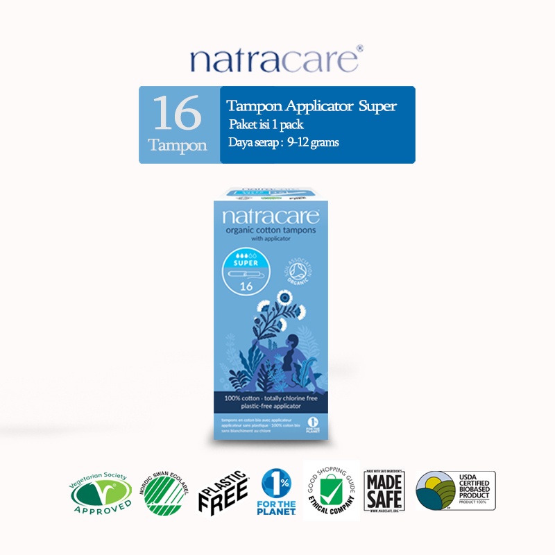 NATRACARE Applicator Cotton Tampon Super 16s  | Tampons Organic | Pembalut Organik Herbal | Softex |