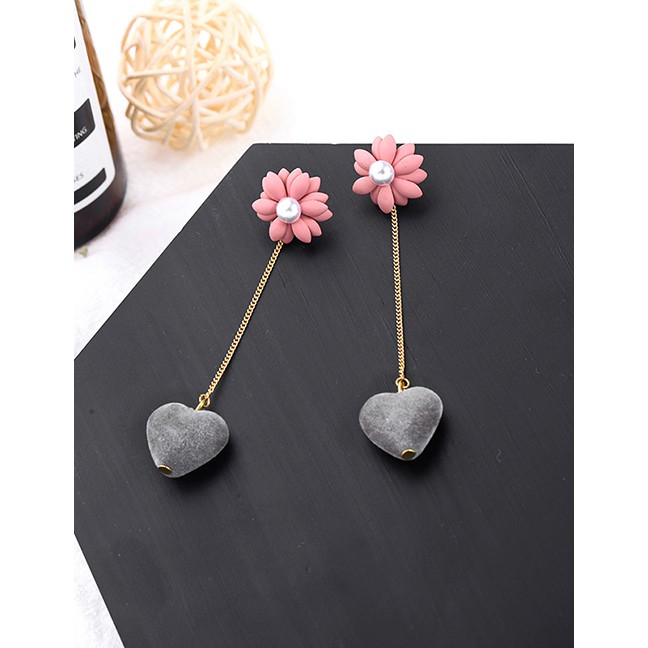 LRC Anting Tusuk Fashion Pink Flannel Pearl Love Flower Earrings D22781