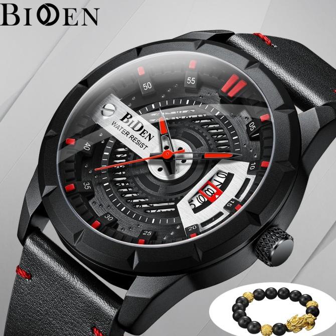 BIDEN Jam Tangan Pria Tali kulit Display Kuarsa Tahan Air Jam Pria