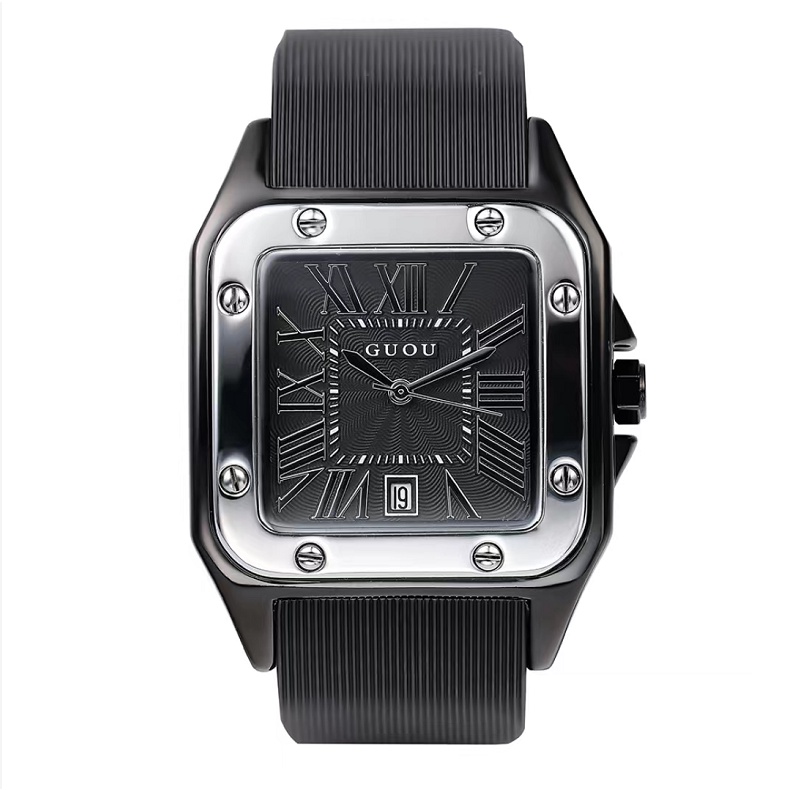 100%ORI GUOU【COD】2022 NEW  Jam tangan wanita Jam tahan air  Jam tangan sederhana jam tangan persegi skala Romawi Jam tangan pasangan-【Perak Hitam】