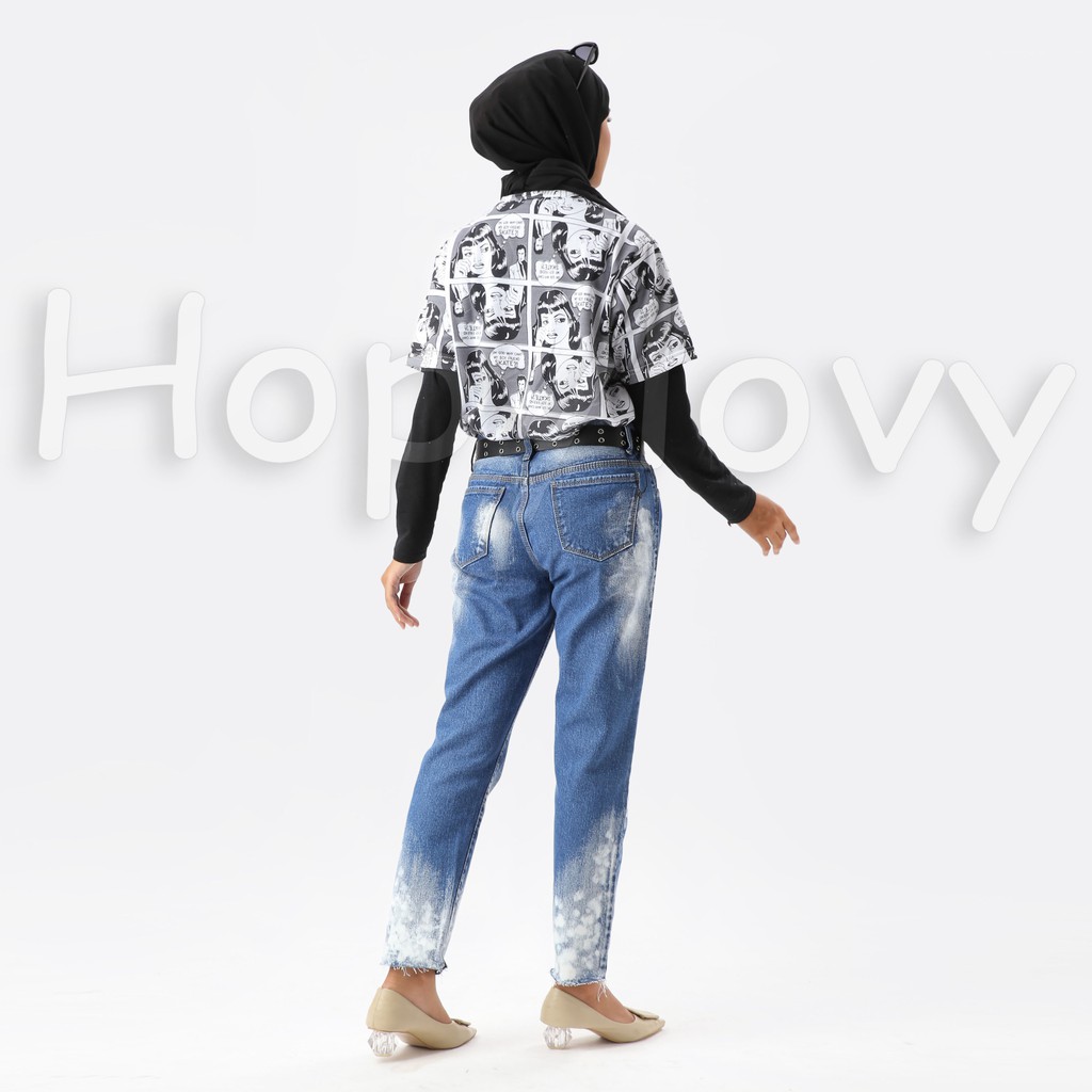 HOPYLOVY - Celana Boyfriend Jeans Wanita BF Tie Dye White Stain Avrina