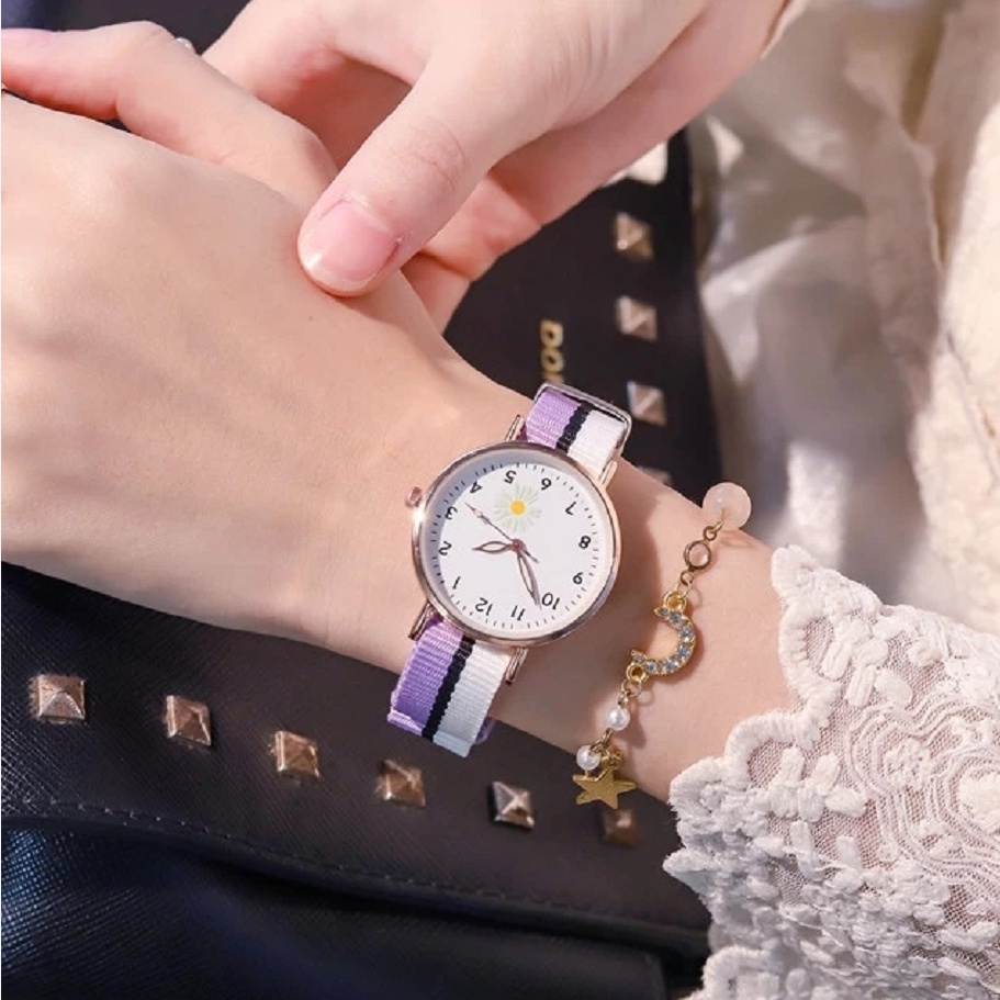 Jam Tangan Analog Wanita Gaya Korea Strap Canvas Warna-Warni Dial Bulat Motif Bunga Daisy