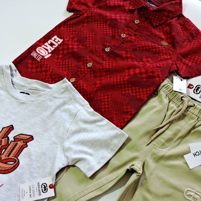 SETELAN ANAK LAKI LAKI 3PCS ORIGINAL ECKO IMPORT BRANDED KEMEJA CELANA CHINOS DAN KAOS TSHIRT PREMIUM BAJU LEBARAN