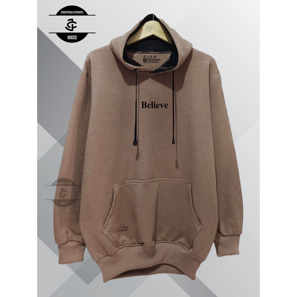 Jaket Hoodie Original JICO Distro Pria Wanita Aesthetic Warna Moka List BELIEVE Oversize M L XL XXL Pria Wanita Jaket hudie Unisex Jaket Distro Sweater Dewasa Pakaian Pria Jaket Terbaru Terlaris Terpopuler Lokal Brand Bandung Masa Kini