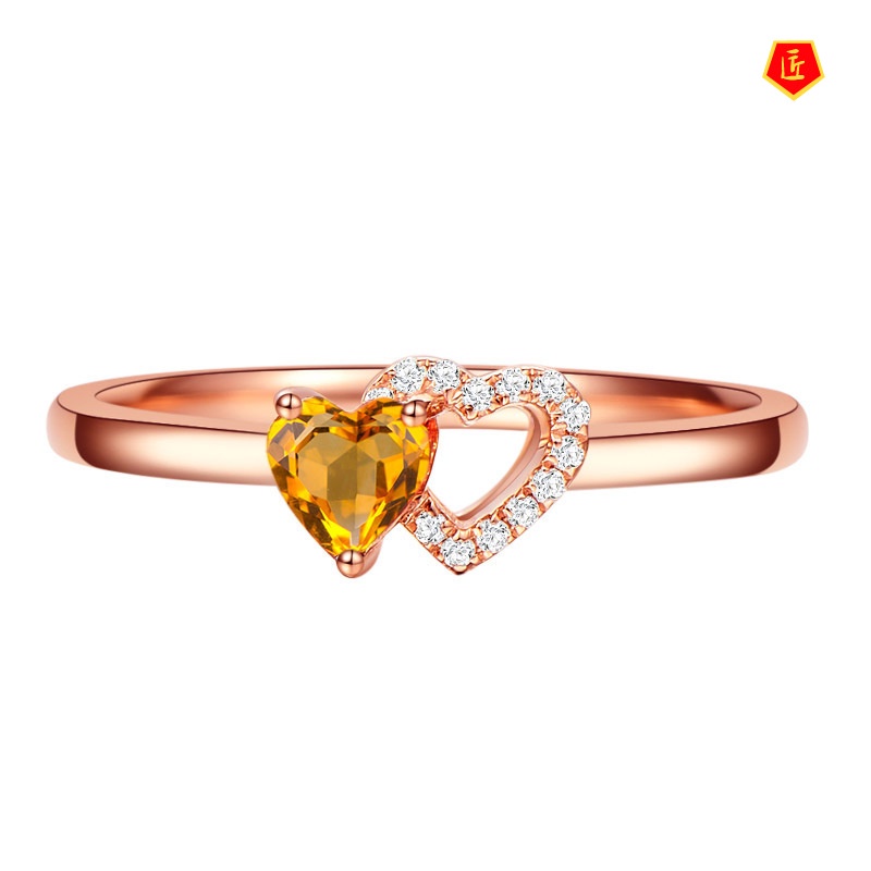 [Ready Stock]925 Silver Colored Gems Jewelry Citrine Rose Gold Heart-Shaped Ring