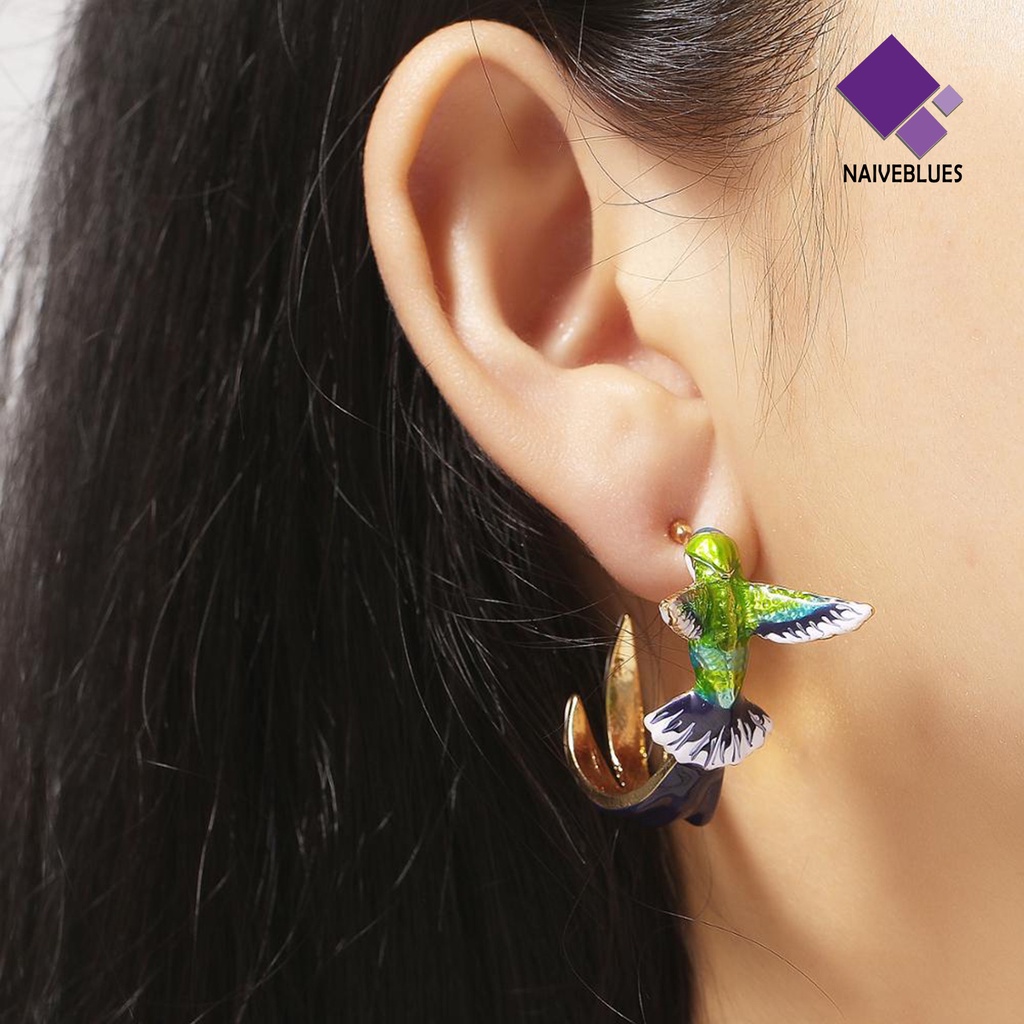 Anting Tindik Enamel Bentuk Burung Kolibri Terbang Untuk Wanita