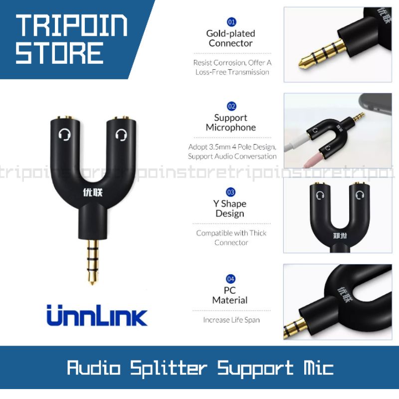 Y Shape Audio Splitter Support Earphone Headset dengan Microphone Mic