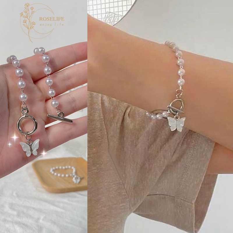 Roselife Gelang Bangle Rantai Manik Mutiara Pendan Kupukupu Gaya Vintage Untuk Wanita