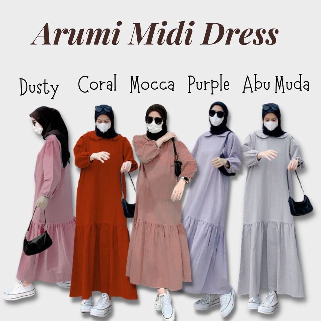 Arumi Midi Dress Ukuran Jumbo Size M L XL XXL Bahan Najwa Premium Tebal Halus Warna Pastel - Casual Dress Wanita Non Busui - Atasan Tunik Wanita Remaja Lengan Panjang Motif Polos 2022 - Tunik Lebaran Kondangan Kekinian