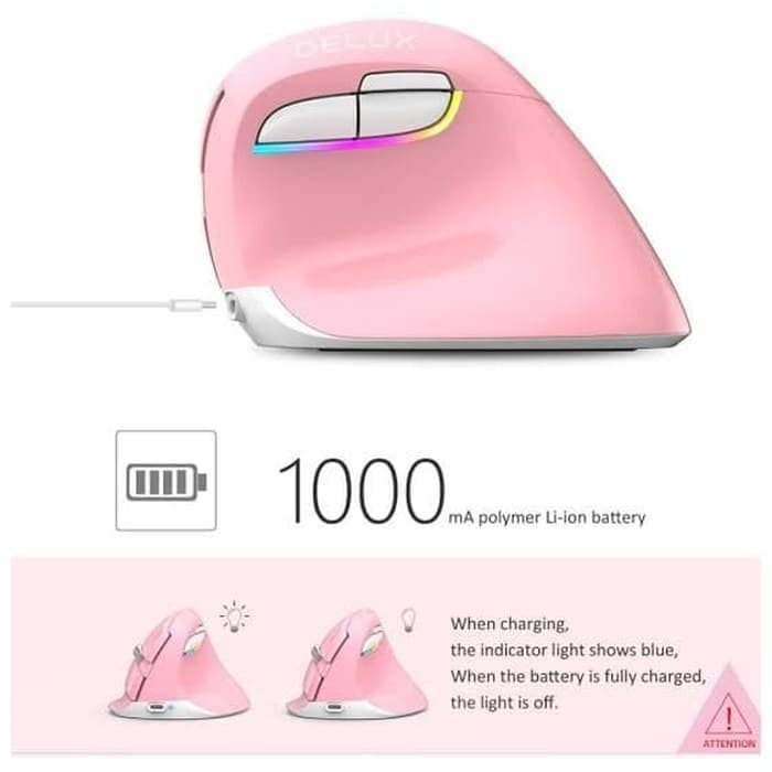 DELUX M618 Mini Pink Bluetooth + Wireless RGB Vertical Mouse Ergonomic