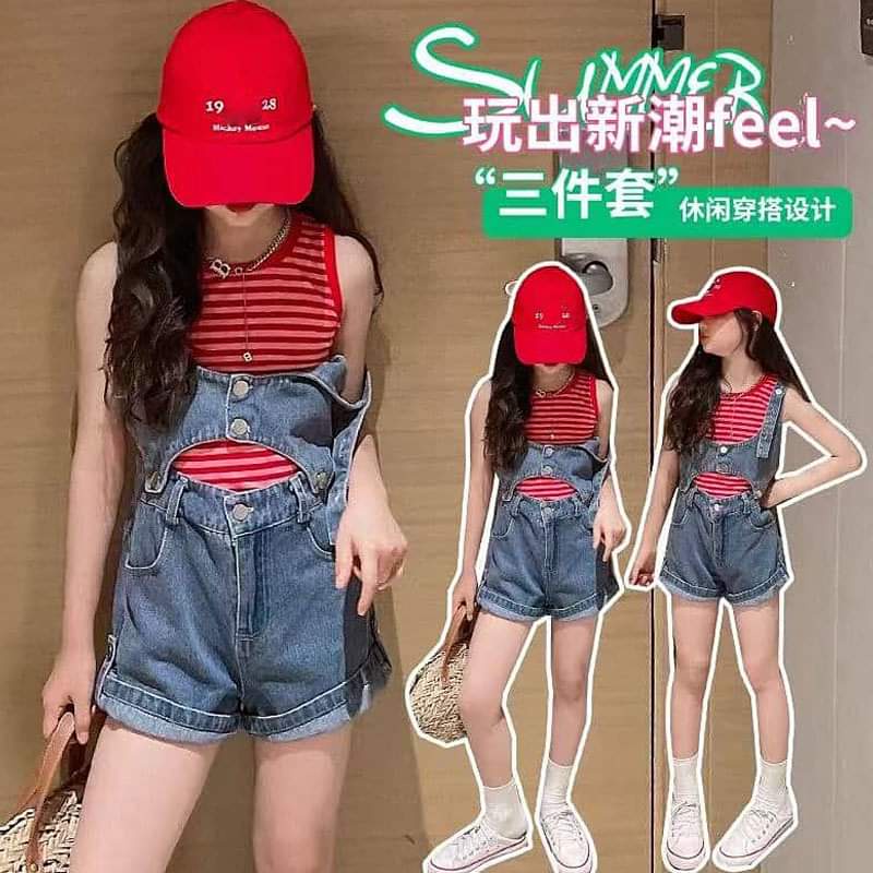 Setelan Anak Perempuan Super Fashionable Jeans Stripe Red