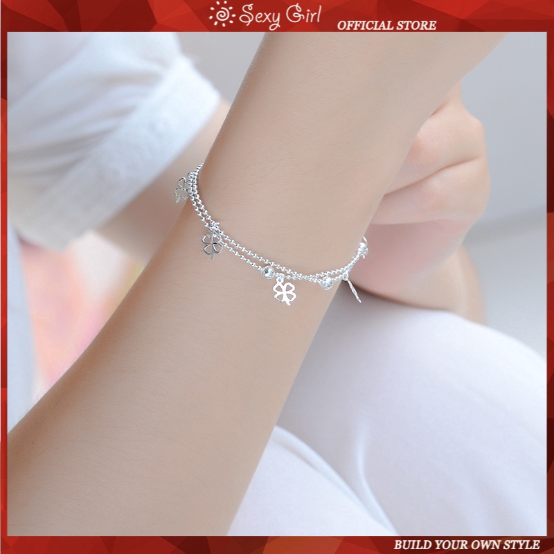 Gelang Kaki Multilayer Desain Clover Warna Silver Gaya Korea Untuk Wanita