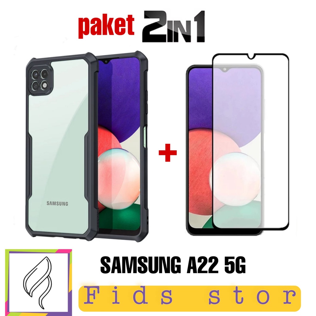 Promo 2in1 SAMSUNG A22 5G/4G SHOCKPROF Casing Transparan + Tempered Glass Full cover Black For Samsung A22 5G/4G