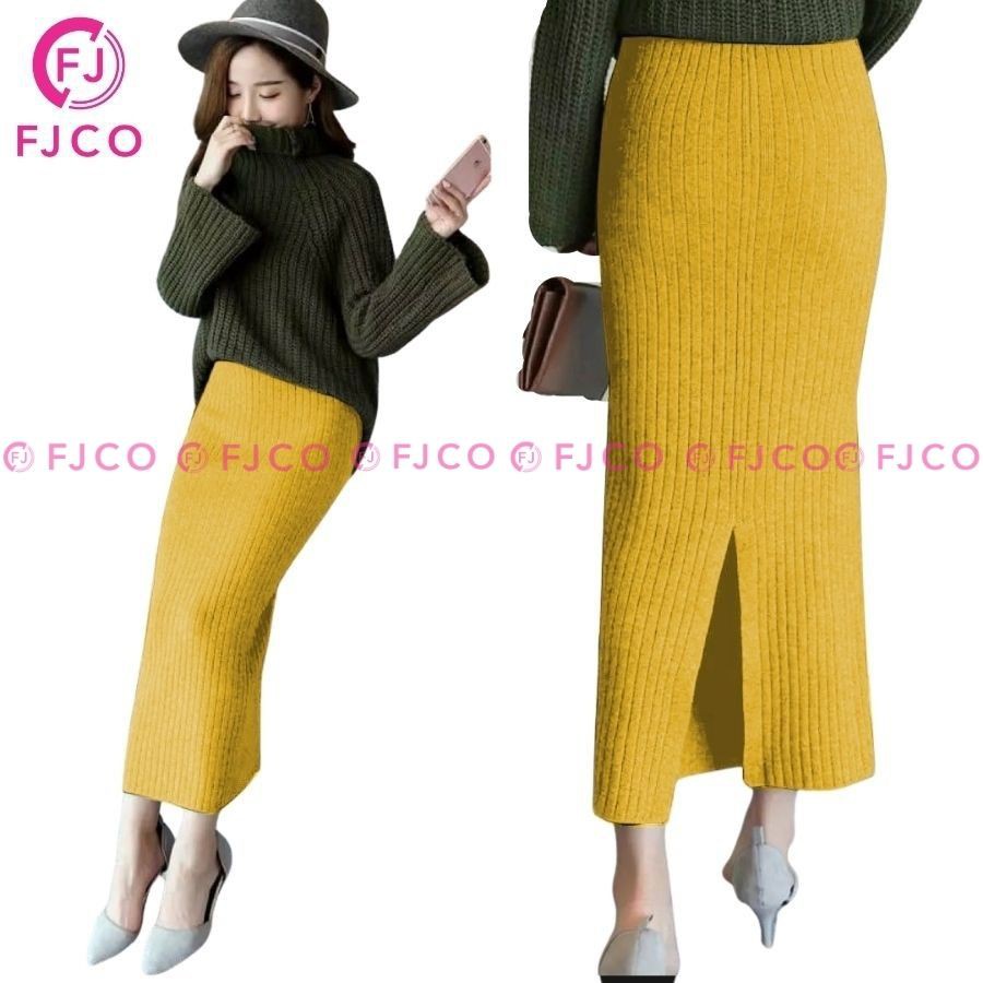 FJCO - Rok Panjang Wanita Rok Span Model Korea Terbaru Rok Rib Jessy Rok Plisket-kuning