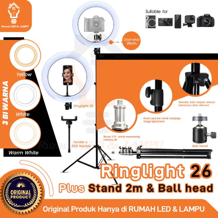 Paket Komplit Ringlight 26cm + Tripod 2 Meter Make Up Vlog Lampu Ringlight 26