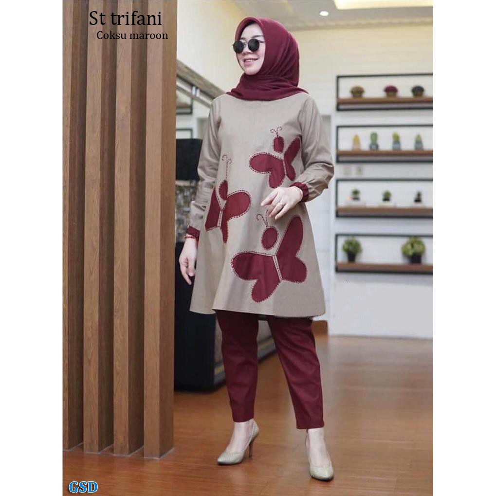 Setelan Trifani/Stelan Baju Celana Busui/Stelan Busana Muslim Menyusui/Stelan Muslimah Kerja Kantor