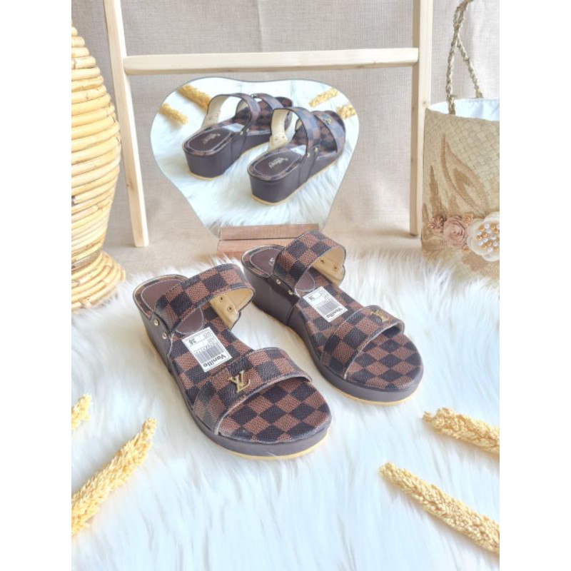 abbushoes dh 180 Sandal Wedges Santai Untuk Wanita Motif Catur