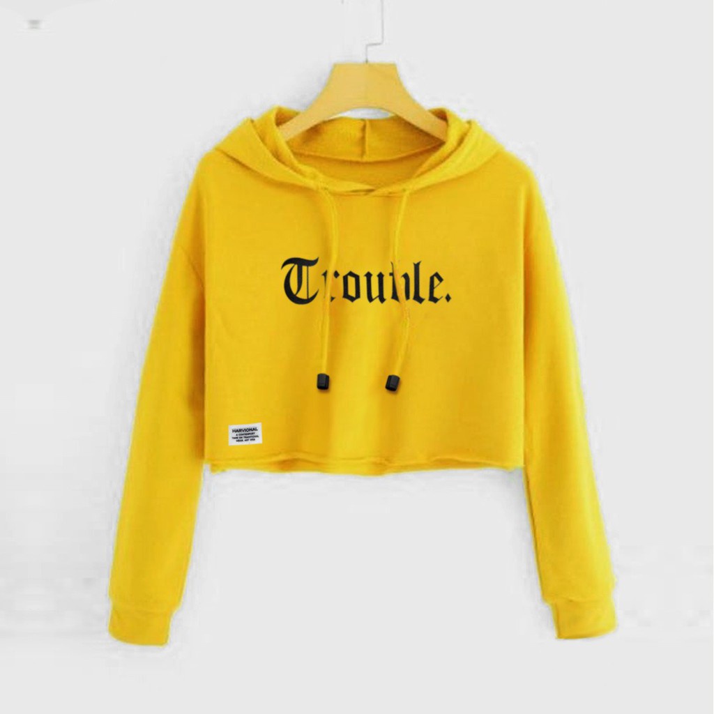 SWEATER CROP HOODIE BAHAN BEBYTERRY TROUBLE TERLARIS