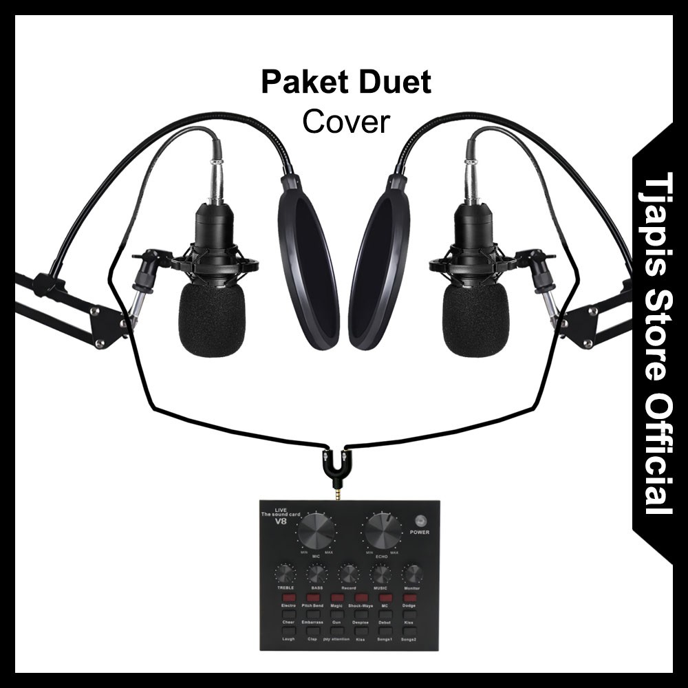 PAKET KOMPLIT MIC CONDENSER DUET STAND ARM BM 800 BM 8000 ORIGINAL TAFFSTUDIO + SOUNDCARD V8