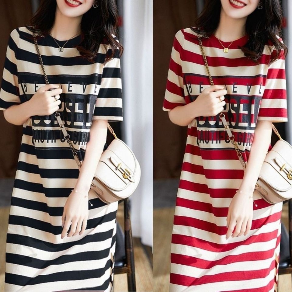 #Sisjuly# Dress Kaos Sablon Wanita Garis-Garis Dress Wanita Lengan Pendek Lengan Pendek Atasan Belah