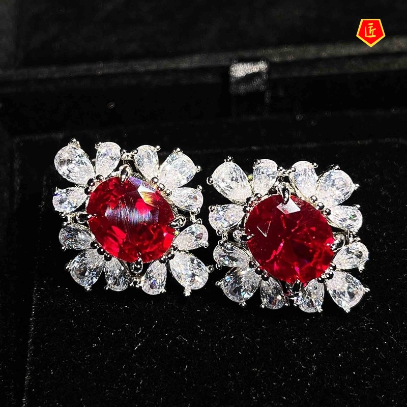 [Ready Stock]Full Diamond Ruby Rings Ear Studs Necklace Set