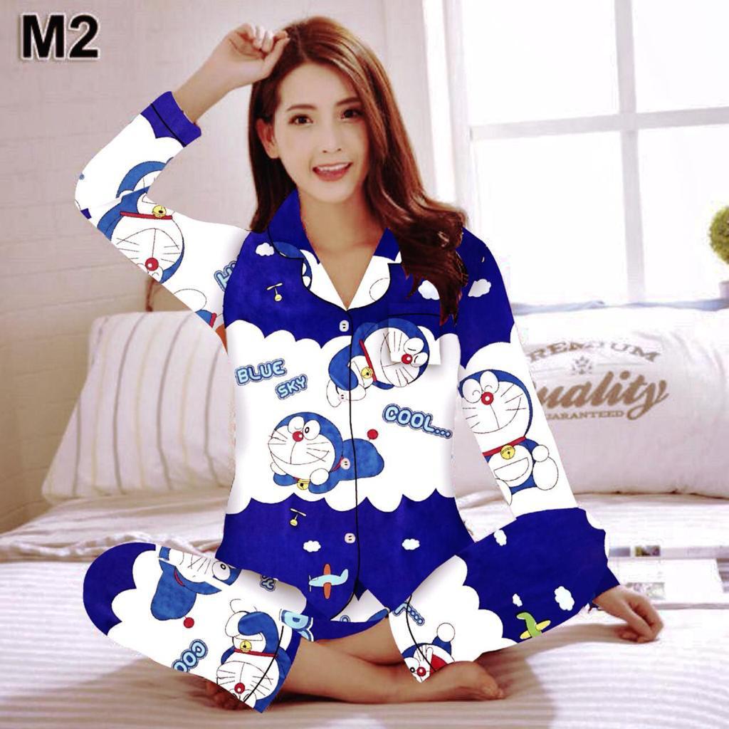 PIYAMA WANITA / BAJU TIDUR WANITA MOTIF LENGAN PANJANG MOTIF KOTAK PP-PP EMON AWAN NAVY