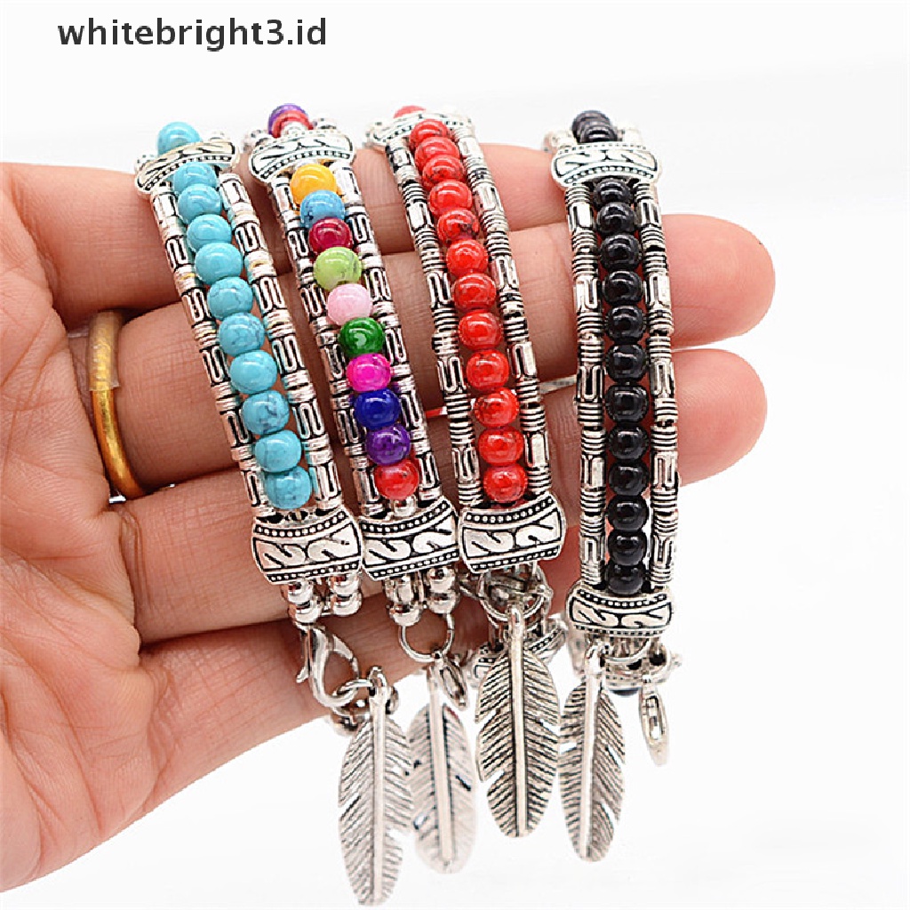 (whitebright3.id) Gelang Tangan Silver Wanita Desain Bulu Hias Turquoise Gaya Tibet / Gipsi / Vintage / Bohemia