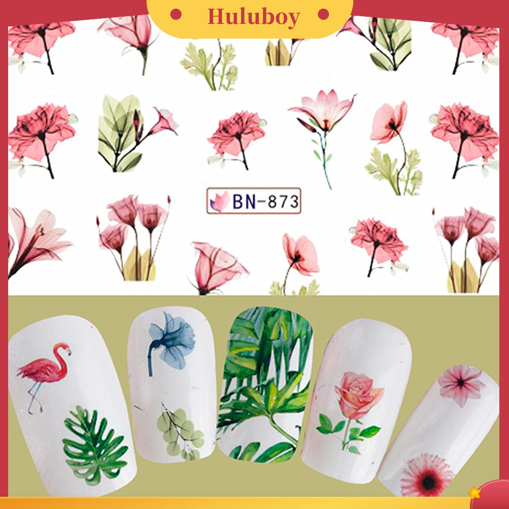 Huluboy Huluboy♡ Stiker Decal Transfer Air Motif Bunga / Daun / Flamingo Untuk Dekorasi Nail Art / Manicure DIY