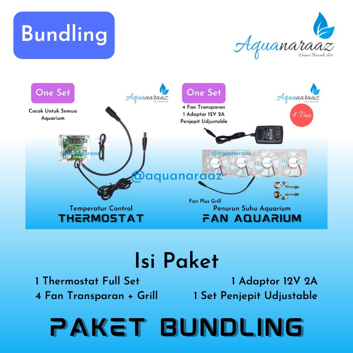 Paket 4 Fan Aquarium Transparan LED Plus Grill Dan Thermostat DC 12V Fan Aquarium Air Laut Otomatis