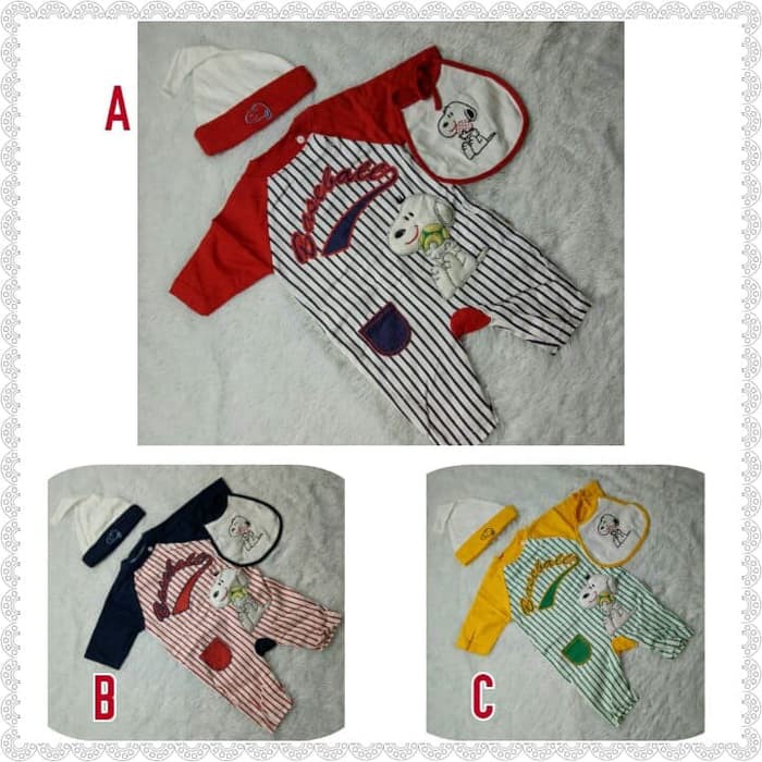 Baju Bayi Laki Laki Lucu Romper Bayi Topi Slabber Snoopy