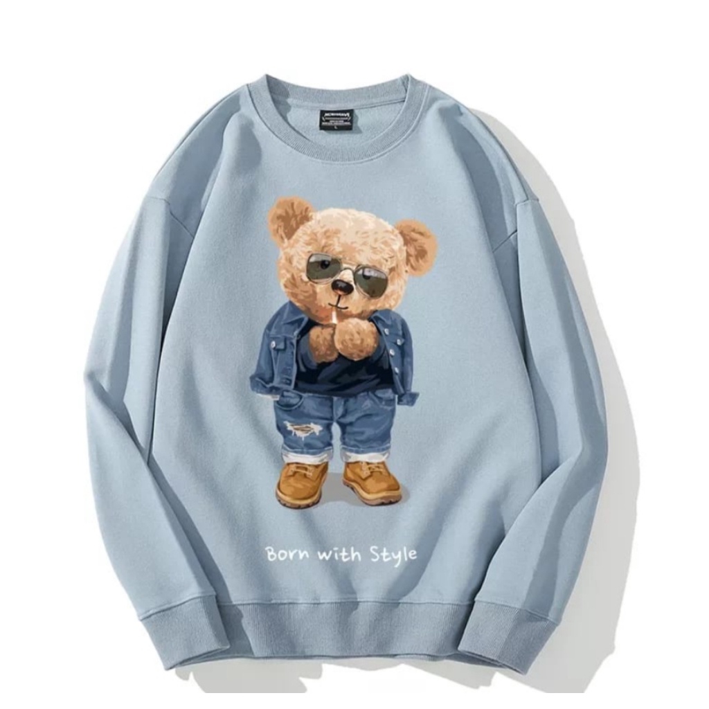 BORN WITH STYLE TEDDY BEAR SWEATER OVERSIZE CREWNECK PRIA WANITA