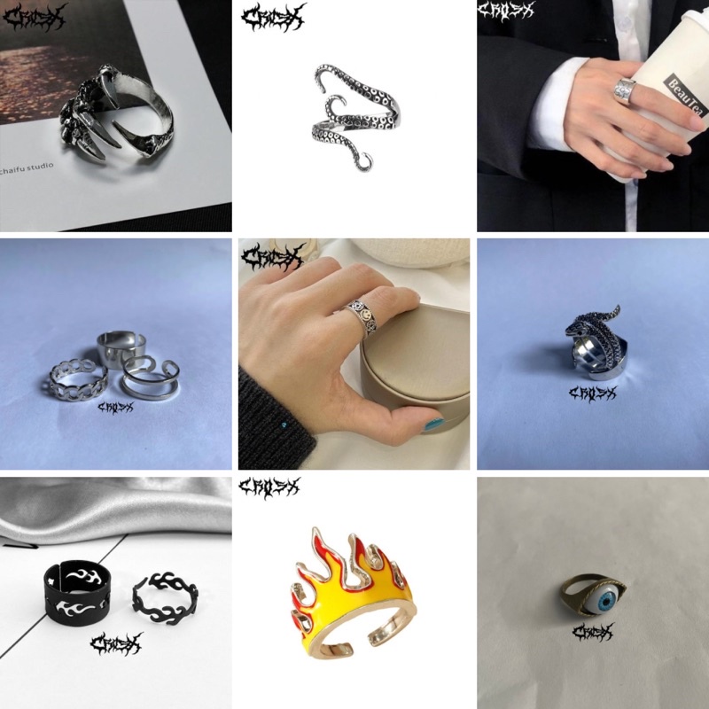 ROMAWI RING SET / HIP HOP PUNK SILVER METAL RING SET / CINCIN SET 3 IN 1 FLAME POKER AS LOVE NIKE 8 BALL RAZOR BLADE EYE CROSS SMILE STAR CINCIN COUPLE RING KOREAN STYLE RING CINCIN STYLE KOREA CINCIN AESTHETIC RING CINCIN TITANIUM CINCIN PRIA WANITA 3PCS