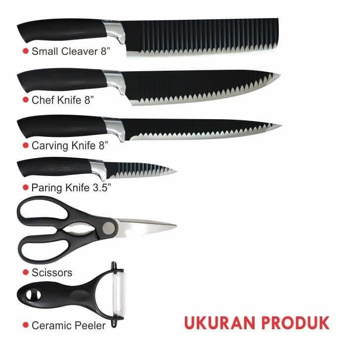 Knife Set 6 pcs / Pisau Dapur Set / Set Pisau Stainless Steel Black J6 Premium