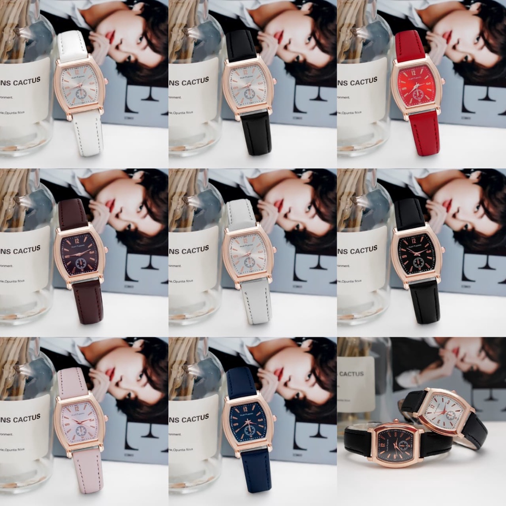 BAJ Jam Tangan Quartz Strap Rubber PU Analog Casual Gaya Retro Wanita Segi Angka Watch Korean Fashion Balok RM057